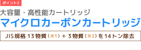 大容量・高性能カートリッジ　マイクロカーボンカートリッジ　JIS規格13物質（※1）＋3物質（※2）を14トン除去